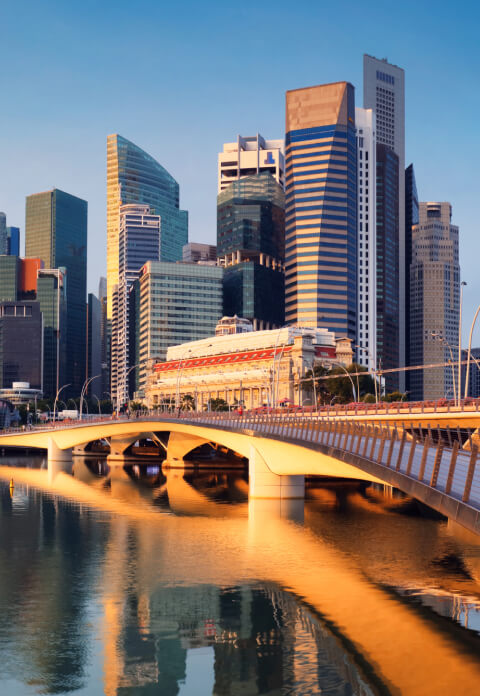 Modern city skyline with high-rise buildings and a bridge